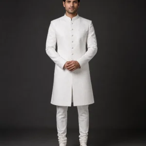White Self-Jacquard Achkan Set For Men